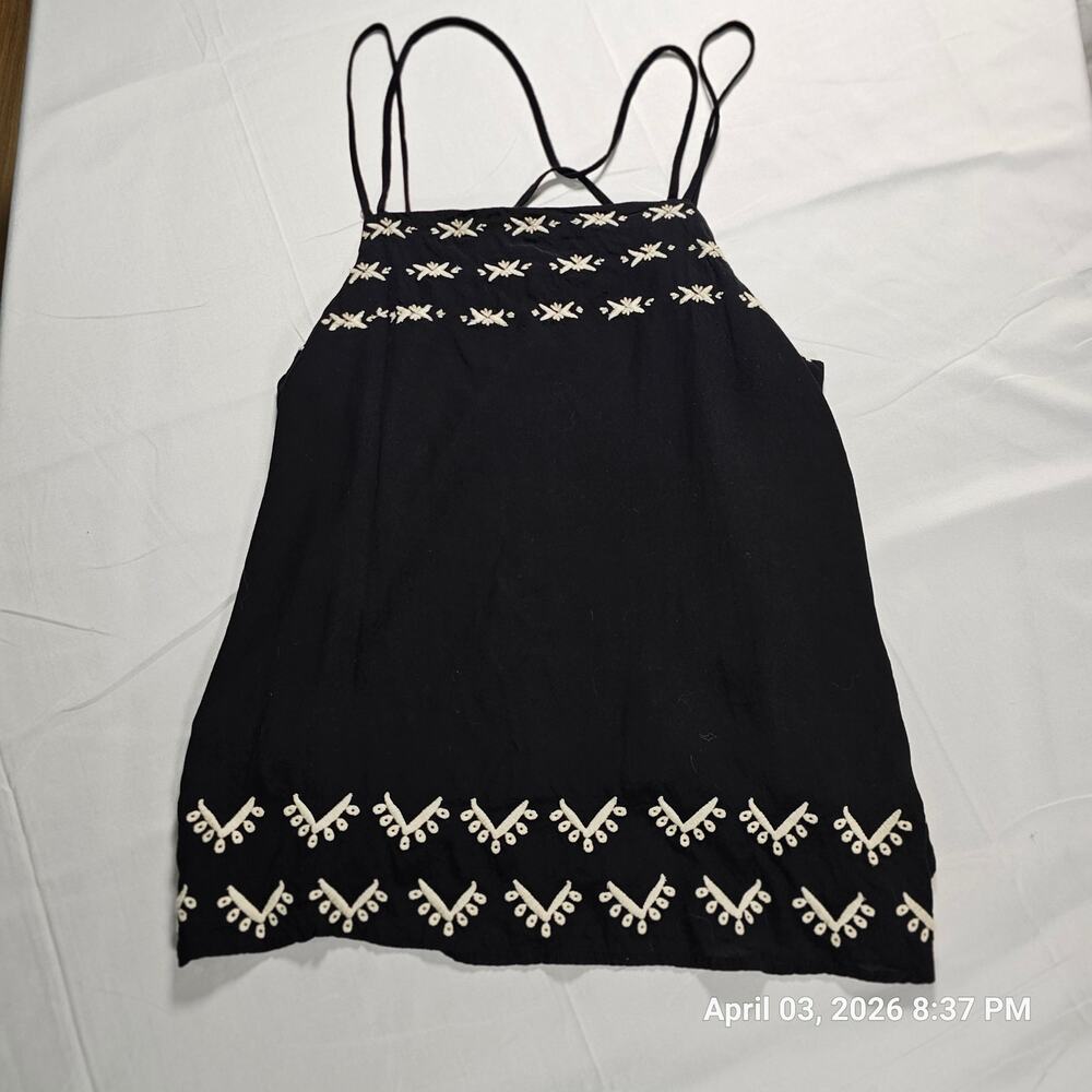 LOFT Black Embroidered Cami Tank Top Strappy Sleeveless Boho Size S‎